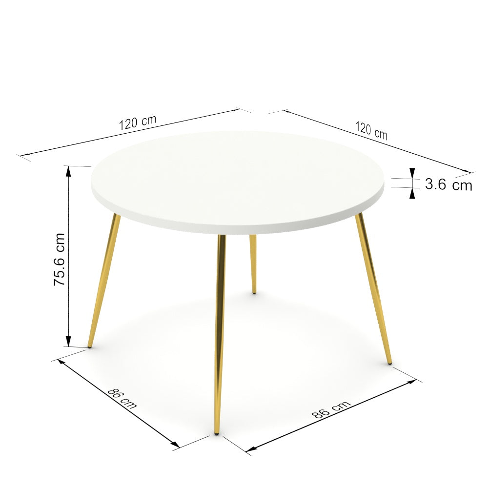 Étkezőasztal, kerek - Manu arany lábbal - Alpesi fehér, méret: 120x120
